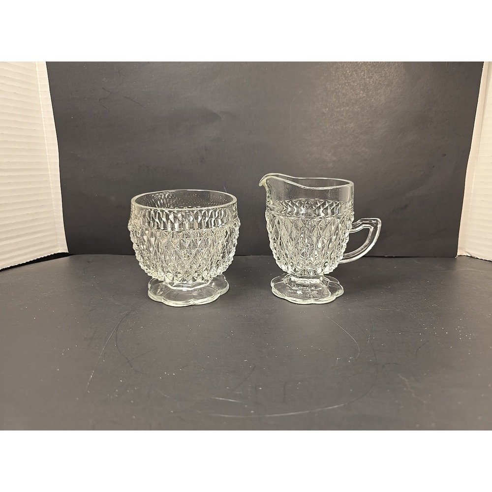Vintage Indiana Glass Clear Diamond Point Glass Creamer and Open Sugar Bowl‎
